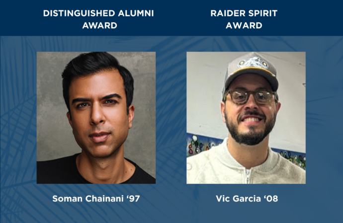 Distinguished Alumni Award recipient is Soman Chainani '97. Raider Spirit Award recipient is Vic Garcia '08.