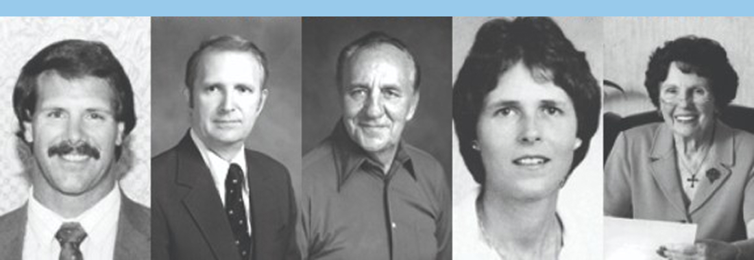 Five adults, three men and two women, shown in separate black-and-white portrait photos, all facing the camera and dressed in professional or casual attire.