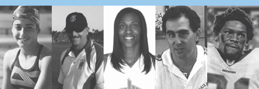 Five athletes in various sports uniforms are shown in a black and white group portrait, each looking toward the camera, against a light blue background.