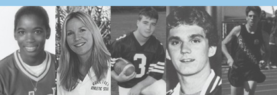 Five young athletes pose in sports uniforms; three are in football jerseys, one in a running uniform, and one in a cheerleading shirt.