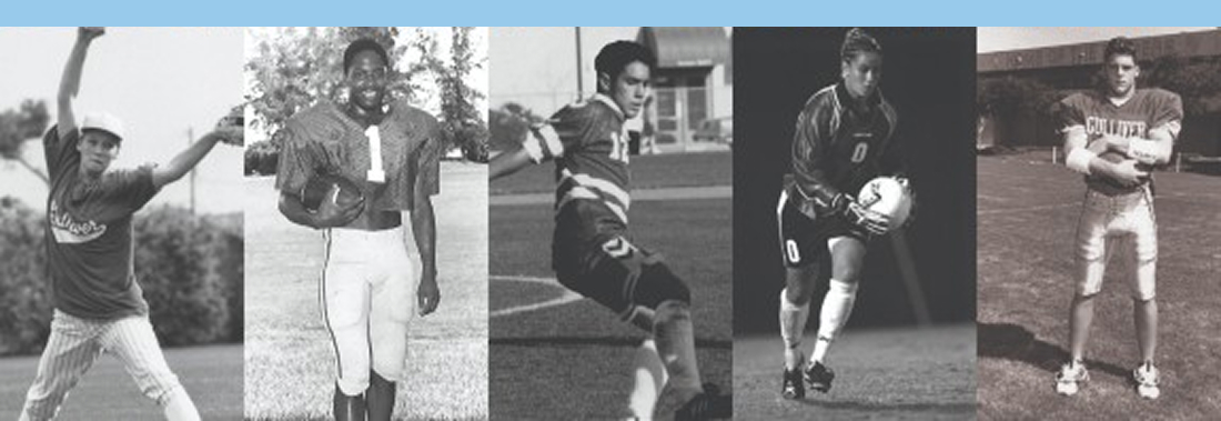 Five athletes are pictured side by side, each in uniform and in action poses, representing different sports: baseball, football, soccer, and possibly rugby or another field sport.