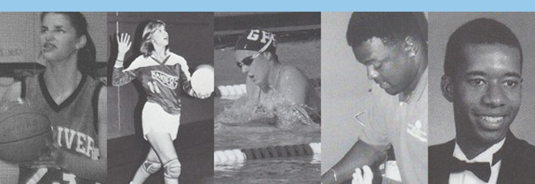 Five young athletes in black-and-white photos: a basketball player, a volleyball player, a swimmer, a football player, and a person in a tuxedo.