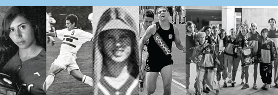 A collage of black-and-white photos showing young athletes posing, playing soccer, running in a track event, and standing together as a team.
