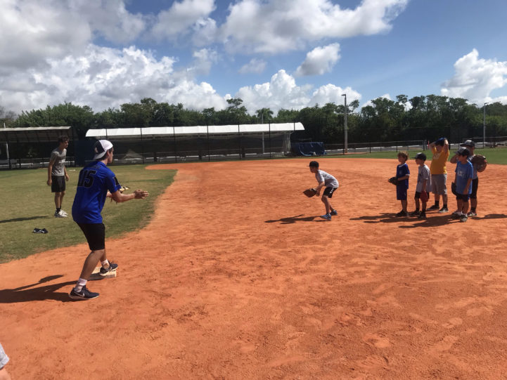 Kids playing baseball at camp.