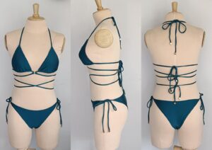 Three views of a teal bikini on a dress form, featuring a halter top with long wrap-around ties and side-tie bikini bottoms.