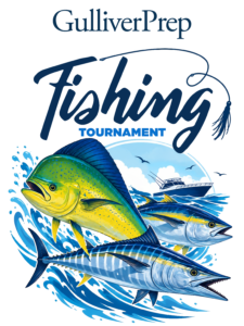 Illustration of three fish, a boat, and water splashes under the text “GulliverPrep Fishing Tournament.”.
