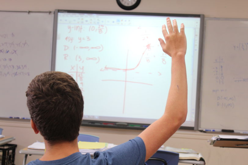 Student raising hand during class.