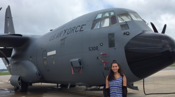 Photo of Sofia in front of a US AIr Force plane