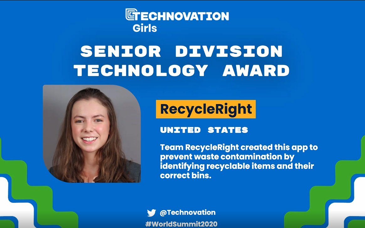 Technovation Award Announcement for Victoria "Tori" Hagenlocker app RecycleRight