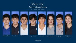 Eight students pose in two rows on a blue background with the text “Meet the Semifinalists Class of 2027” above them and their names listed below their individual portraits.