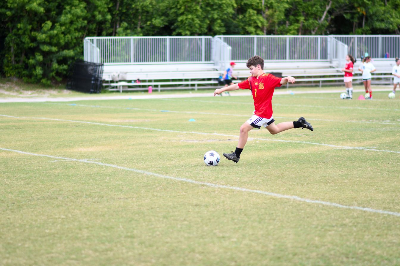 boy kicking soccer ball