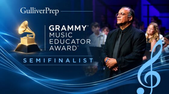 This graphic shows a man in a suit standing before a musical ensemble, announcing him as a Gulliver Prep Grammy Music Educator Award semifinalist.