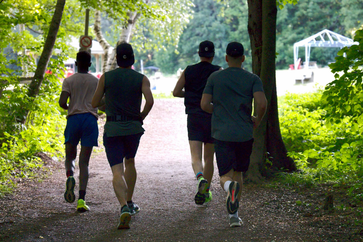 Four people jog on a tree-lined path in a park, heading toward an open area with greenery and scattered sunlight, reminiscent of the tranquil spaces often found on private school campuses where rewarding private school careers begin.